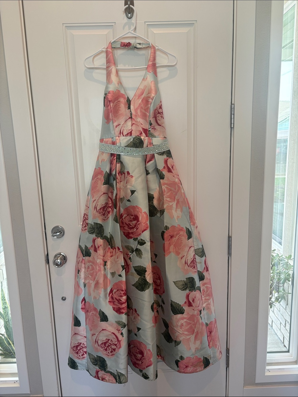 Floral Pink Halter Girls' Dress with Sparkle Waistband